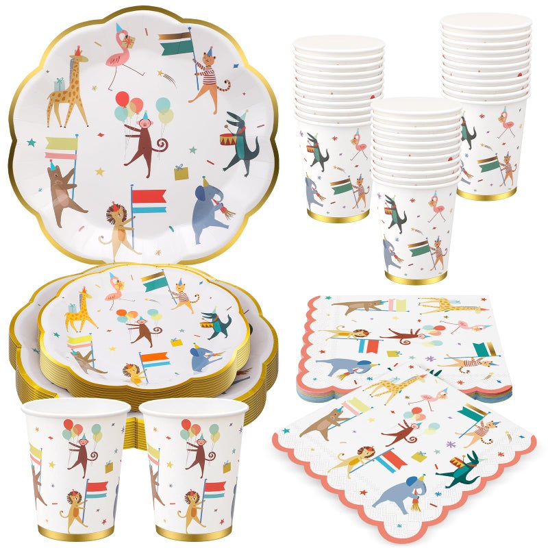 Maxdot 100 Pcs Animal Parade Party Plates Set, Including 9 Inch and 7 Inch Animal Parade Paper Scalloped Plates, Cute Disposable Napkins and Paper Cups for Kids Birthday Decorations, Baby Shower - Image 1