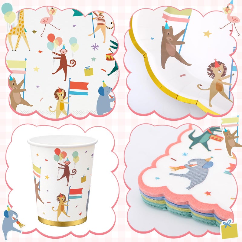Maxdot 100 Pcs Animal Parade Party Plates Set, Including 9 Inch and 7 Inch Animal Parade Paper Scalloped Plates, Cute Disposable Napkins and Paper Cups for Kids Birthday Decorations, Baby Shower - Image 3