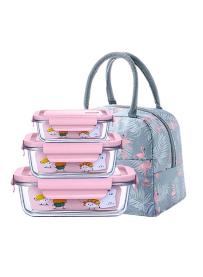 صندوق غداء مكون من 3 عبوات من زجاج البورسليكات القابل للاستخدام في الميكروويف، حاوية تخزين طعام زجاجية مع حقيبة عازلة - Image 1