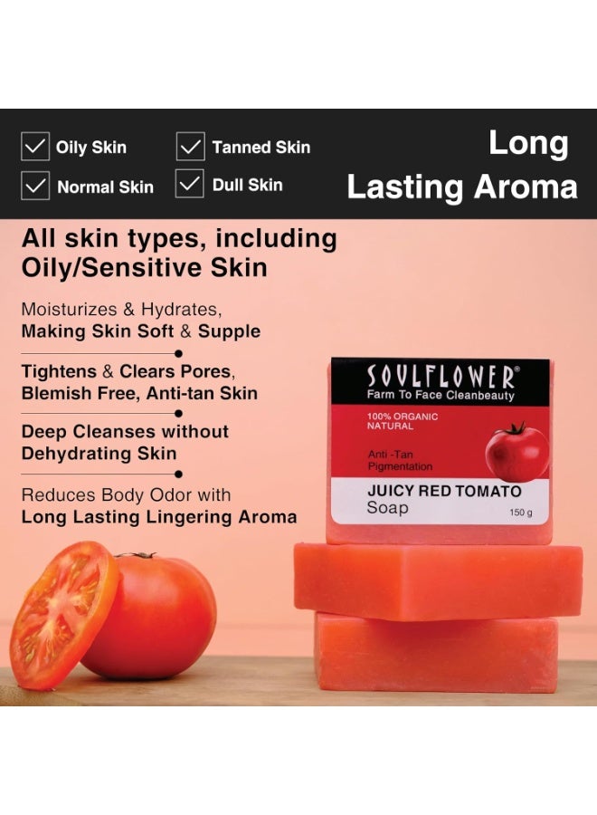 Soulflower Tomato Soap Tan Removal, Skin Acne, Pimple, Blemishes, Fine Lines, Wrinkles | Handmade, Premium, Nautral, Bathing Soap | Tomato, Beetroot Extract, Olive Oil, Castor Oil, Vitamin E | 150g - Image 3