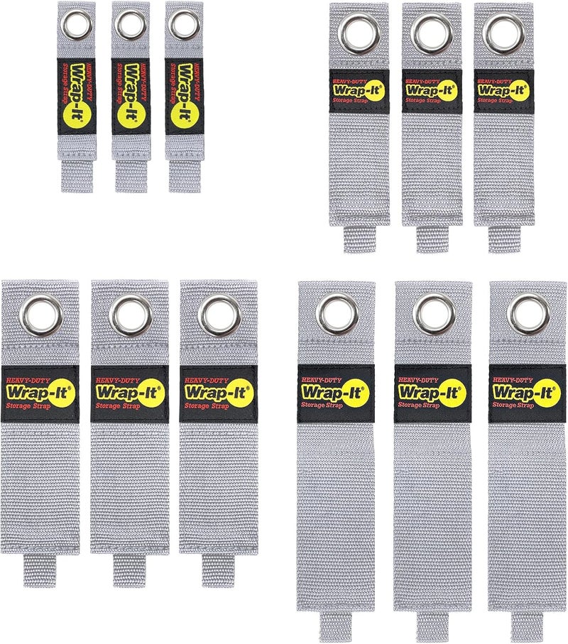 Wrap-It Storage Heavy-Duty Straps - (Assorted 12 Pack) Silver - Hook and Loop Hanging Extension Cord Organizer for Cable Management and Storage on Garage Wall, RV Gadgets and Appliances - Image 1