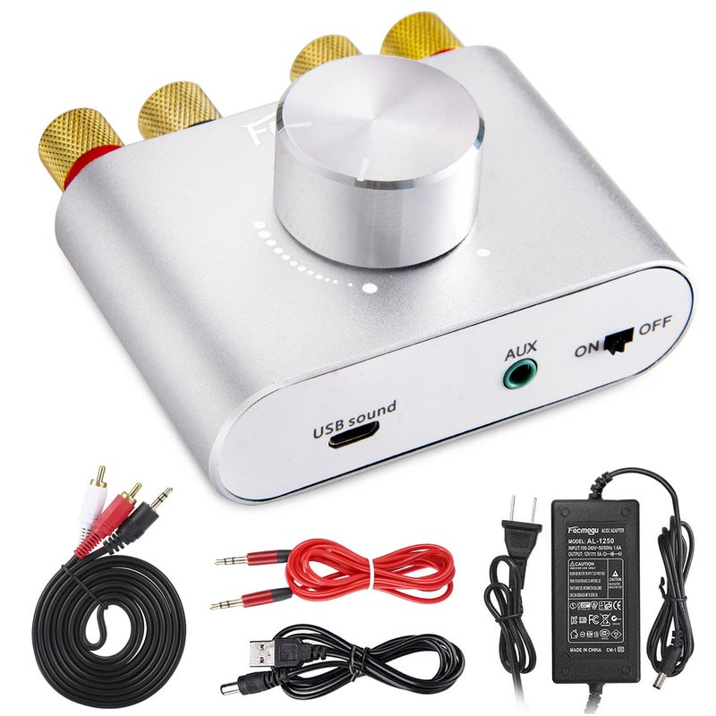 Facmogu F900S 160W Bluetooth 5.0 Mini Amplifier, 80Wx2 2.0CH Audio Power Amplifier, Hi-Fi Stereo Sound Digital Amp Wireless Speaker Amp Receiver w/AUX/USB/BT Input & 12V 5A Power Adapter - Silver - Image 1