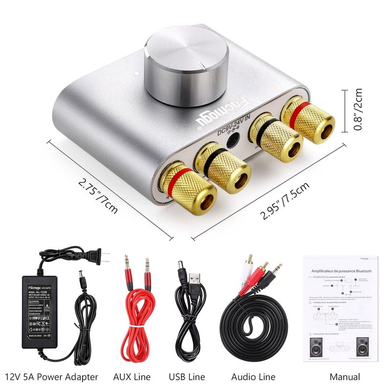 Facmogu F900S 160W Bluetooth 5.0 Mini Amplifier, 80Wx2 2.0CH Audio Power Amplifier, Hi-Fi Stereo Sound Digital Amp Wireless Speaker Amp Receiver w/AUX/USB/BT Input & 12V 5A Power Adapter - Silver - Image 3