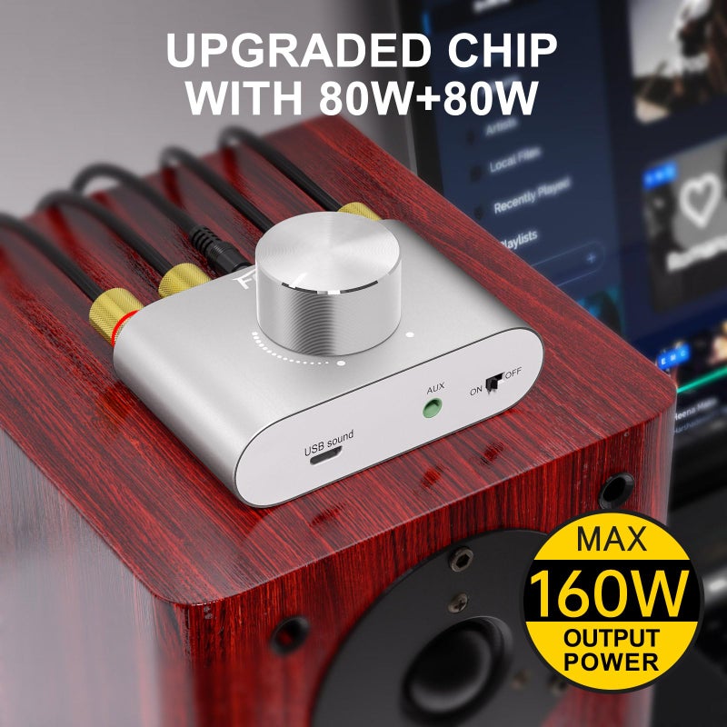 Facmogu F900S 160W Bluetooth 5.0 Mini Amplifier, 80Wx2 2.0CH Audio Power Amplifier, Hi-Fi Stereo Sound Digital Amp Wireless Speaker Amp Receiver w/AUX/USB/BT Input & 12V 5A Power Adapter - Silver - Image 4