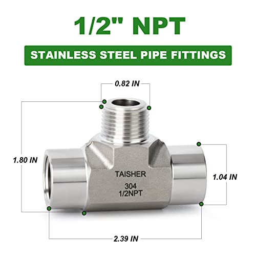 TAISHER 1PCS Forging of 304 Stainless Steel Tee Pipe Fittings, 1/2" NPT Female x 1/2" NPT Male x 1/2" NPT Female Pipe Fittings, Male Branch Tee - Image 3