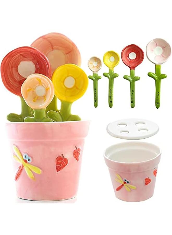 Pink Ceramic Flower Measuring Spoons Set in Pot for Baking Gifts - Cute Holder for Dry Wet Ingredients - Dishwasher Safe. - Image 1