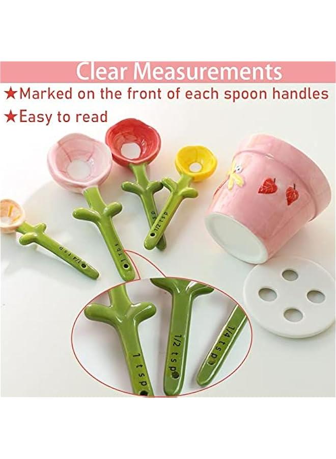 Pink Ceramic Flower Measuring Spoons Set in Pot for Baking Gifts - Cute Holder for Dry Wet Ingredients - Dishwasher Safe. - Image 3