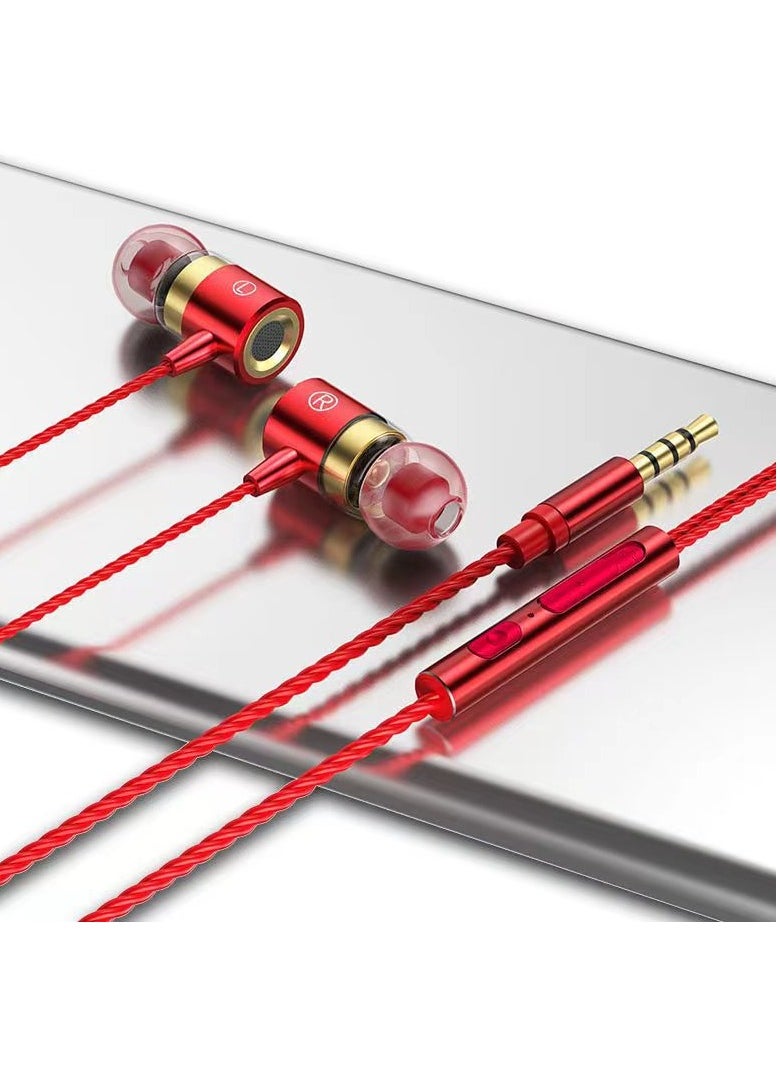 Generic Metal heavy bass wired in-ear headphones with wire-controlled tuning earbuds with microphone (red)  - Image 1