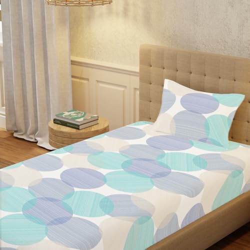 Urban Space 100% Cotton Bedsheet for Single Bed, Serene 200 TC Bedsheet Single Size Bed Cotton with 1 Pillow Cover (58 x 90 inches, Oval Blue) - Image 1
