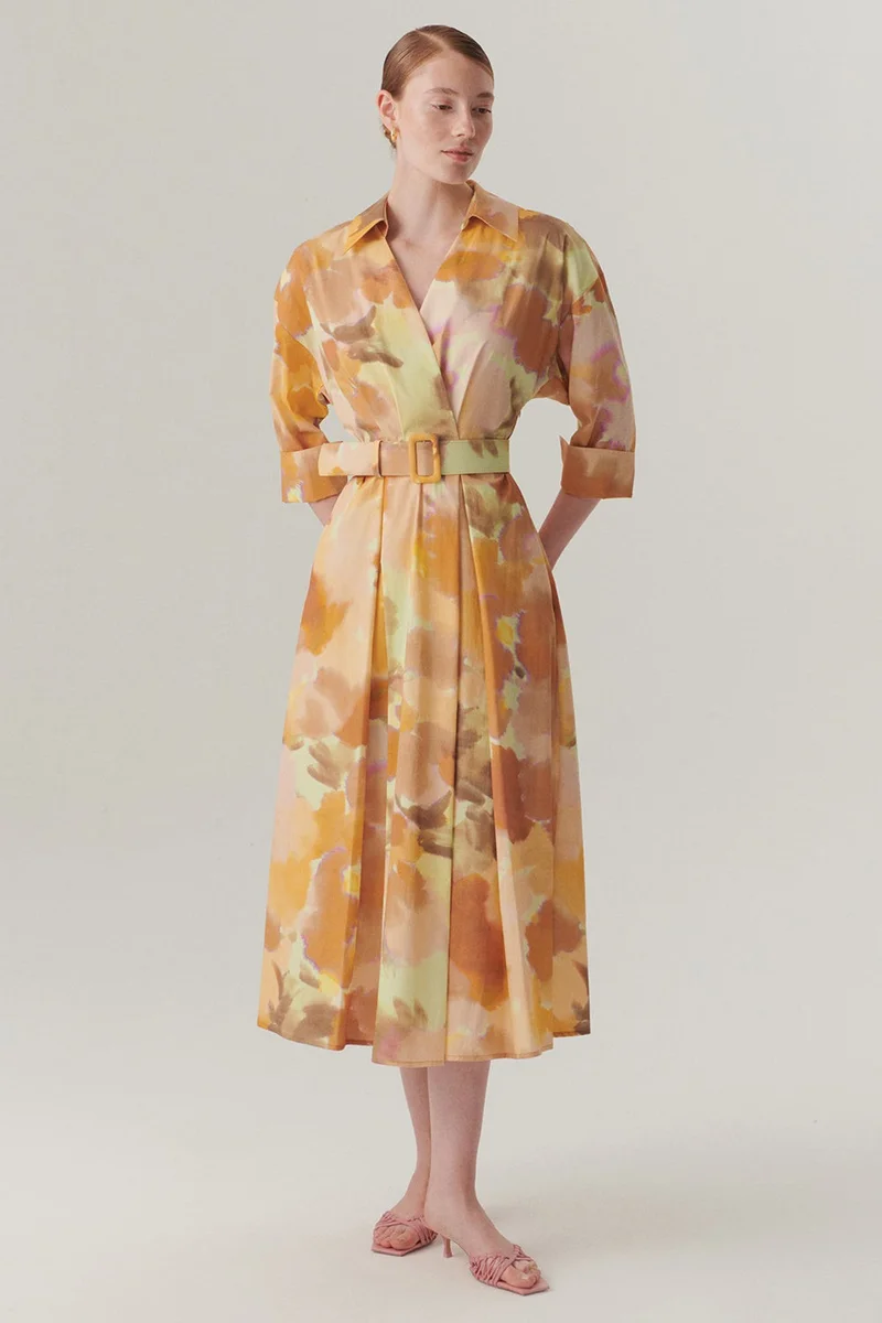 EXQUISE Truvakar Sleeve Belted Waist-Fitting Midi Length Abstract Pattern Cotton Dress
