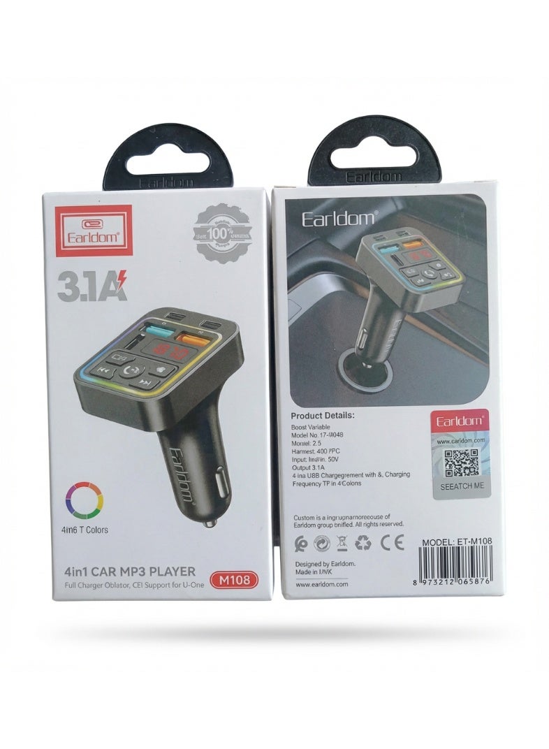 Earldom 4-in-1 Car Charger (M108) - Bluetooth MP3 Player, 3.1A Fast Charging, Multi-Color LED - Image 2