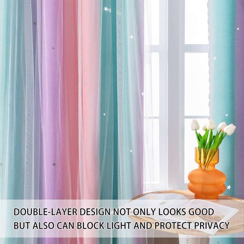 XiDi Curtains for Nursery Girls Bedroom Decor 84 Inches Long, Full Blackout for Kids Princess Room, Colorful Rainbow Design, Unicorn Wall Decor Ombre Curtains, Pink/Purple/Green, W34 X L84 2 Panels - Image 2