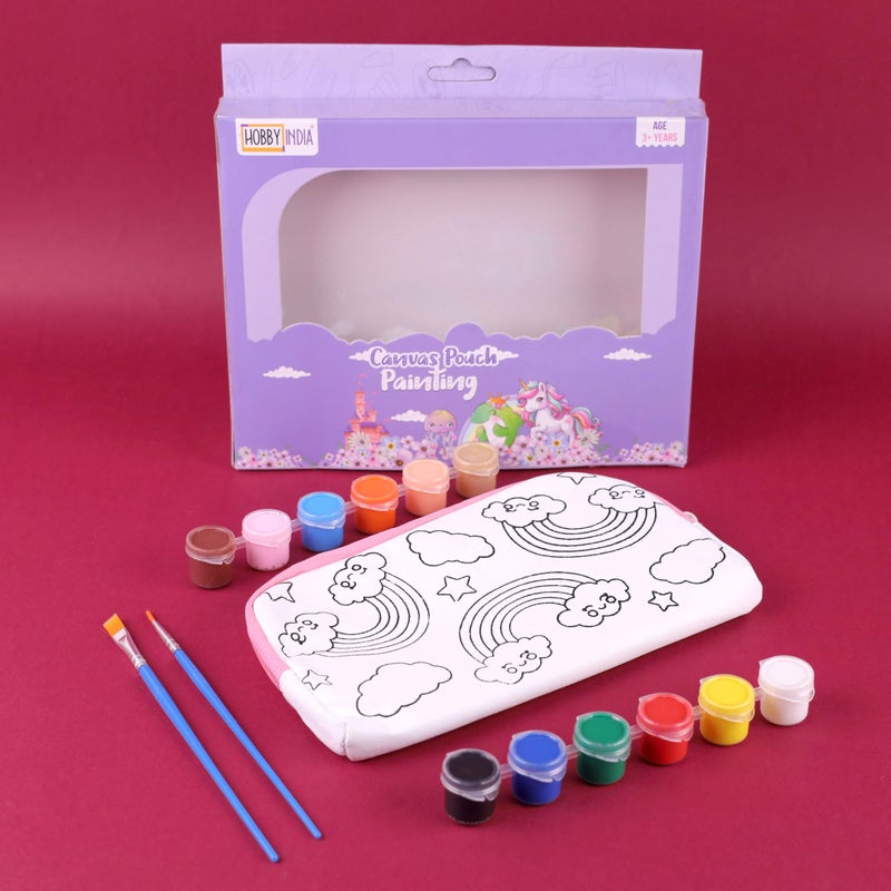 HOBBY INDIA DIY Canvas Pouch Painting Kit Set for Kids Pre-Printed Art & Craft for Girls Creative Activity Age 3,4,5, 6,7,8+ with Zipper Color & Brush (Rainbow) - Image 1