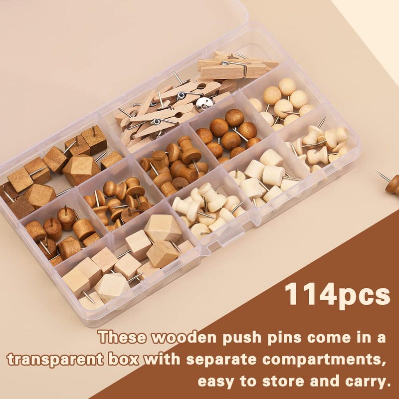 IMZAY 114 Pcs Wood Push Pins, 2 Colors and 7 Types Decorative Thumb Tacks Wooden Head Pin Map Tacks Marking Pin, Wood Thumb Tacks Decorative for Bulletin Boards Craft Projects with Storage Box - Image 3