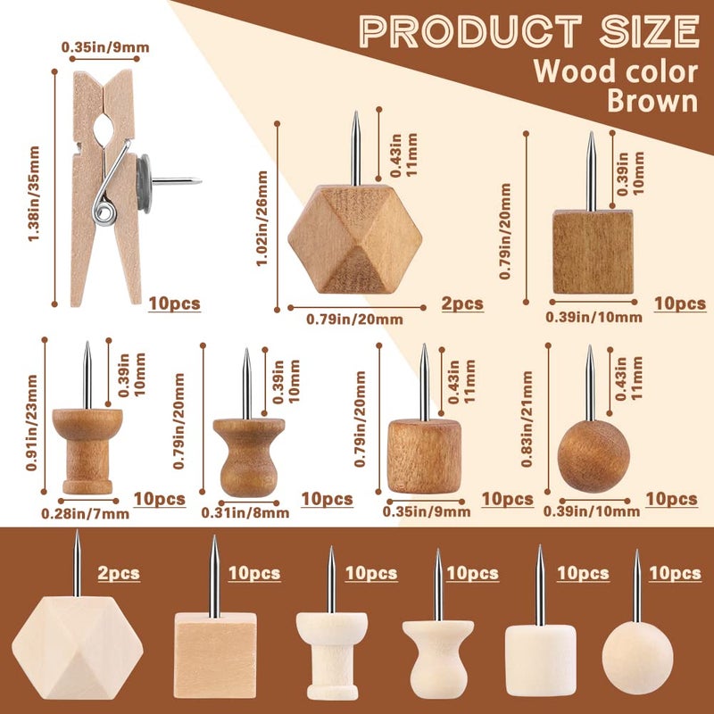 IMZAY 114 Pcs Wood Push Pins, 2 Colors and 7 Types Decorative Thumb Tacks Wooden Head Pin Map Tacks Marking Pin, Wood Thumb Tacks Decorative for Bulletin Boards Craft Projects with Storage Box - Image 2