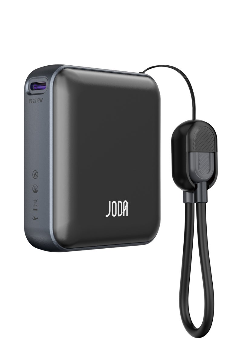 جودا شاحن متنقل JODA Metix 10 بسعة 10000 مللي أمبير - شحن سريع بقوة 22.5 واط مع كابل USB-C مدمج، حجم فائق الصغر، وهيكل من سبائك الألومنيوم لتعزيز الأمان - لون أسود - Image 1