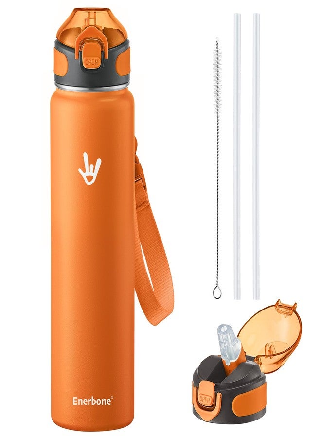 Enerbone زجاجة مياه معزولة من إنيربوين، سعة 32 أونصة، مصنوعة من الفولاذ المقاوم للصدأ، مزودة بحزام حمل، ترمس معزول بجدار مزدوج بتقنية التفريغ، زجاجة رياضية مانعة للتسرب مع ماصة، تحافظ على المشروبات ساخنة أو باردة لساعات. - Image 1
