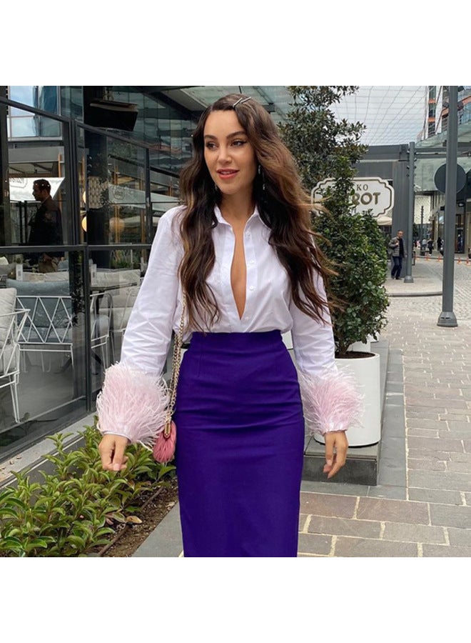 قميص نسائي أبيض بأكمام طويلة من ريش النعام بتصميم عصري يناسب العمل، موضة أوروبية وأمريكية، ضيق في الجسم - Image 2