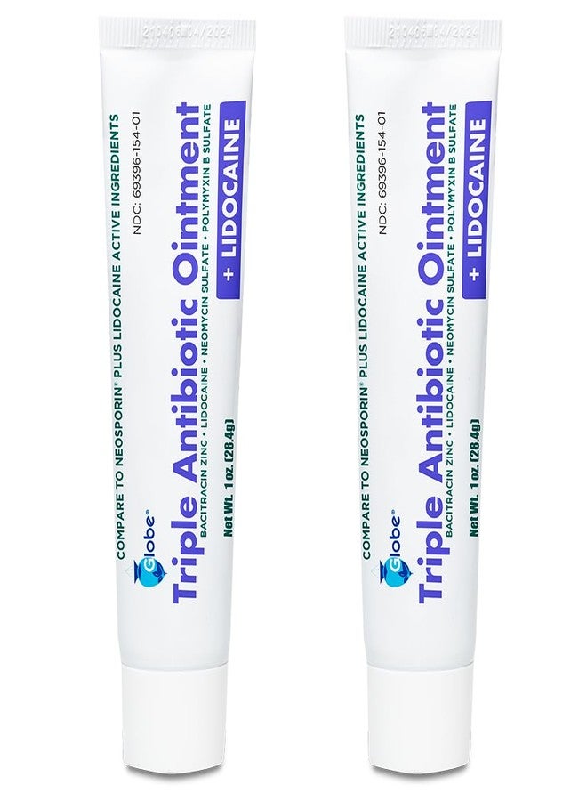 Globe (2 Pack) First Aid Antibiotic Ointment + Lidocaine (1 Oz) Maximum Strength & Fast-Acting Topical Pain Reliever, 24-Hour Infection Protection That Numbs Away The Pain, Bacitracin Zinc., White - Image 1