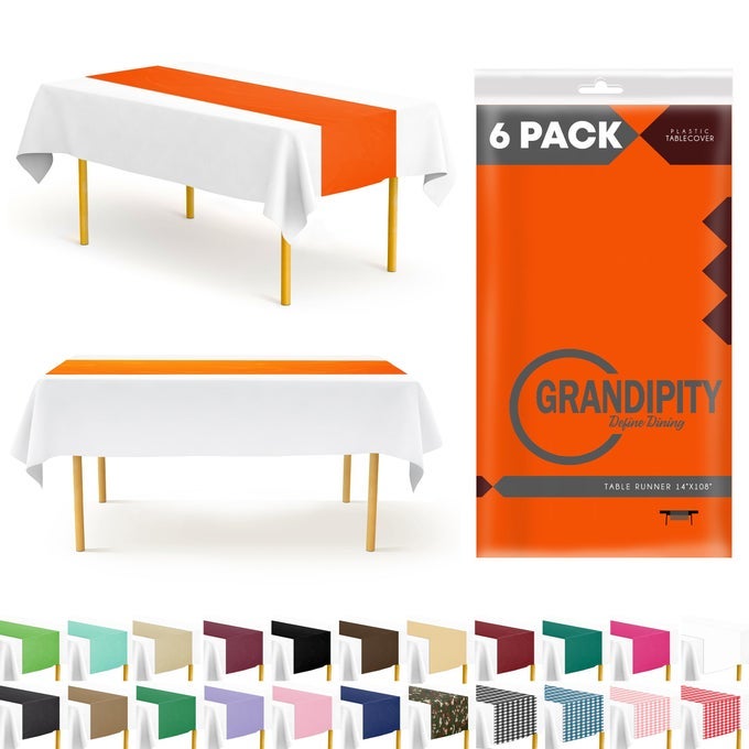 ORANGE 6 PACK PREMIUM DISPOSABLE PLASTIC TABLE RUNNER 14 X 108 INCH TABLE RUNNER FOR DINNER PARTIES EVENTS BY