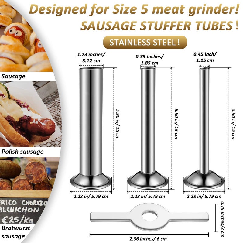 Mudder 4 Pieces Sausage Stuffer Kit 3 Different Sizes Stainless Steel Grinder Tubes with Sausage Stuffer Ring for Size 5 Meat Grinder Food Maker Kit - Image 2