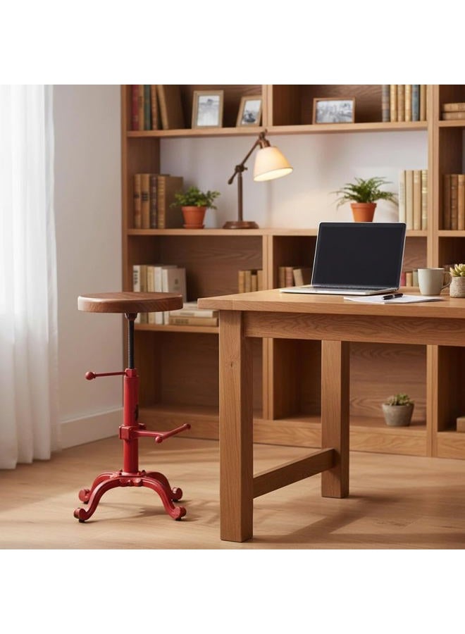 Topower Industrial Retro Vintage Farm Wooden Tractor Stool Kitchen Swivel Height Adjustable bar Stool (Antique Red) - Image 3