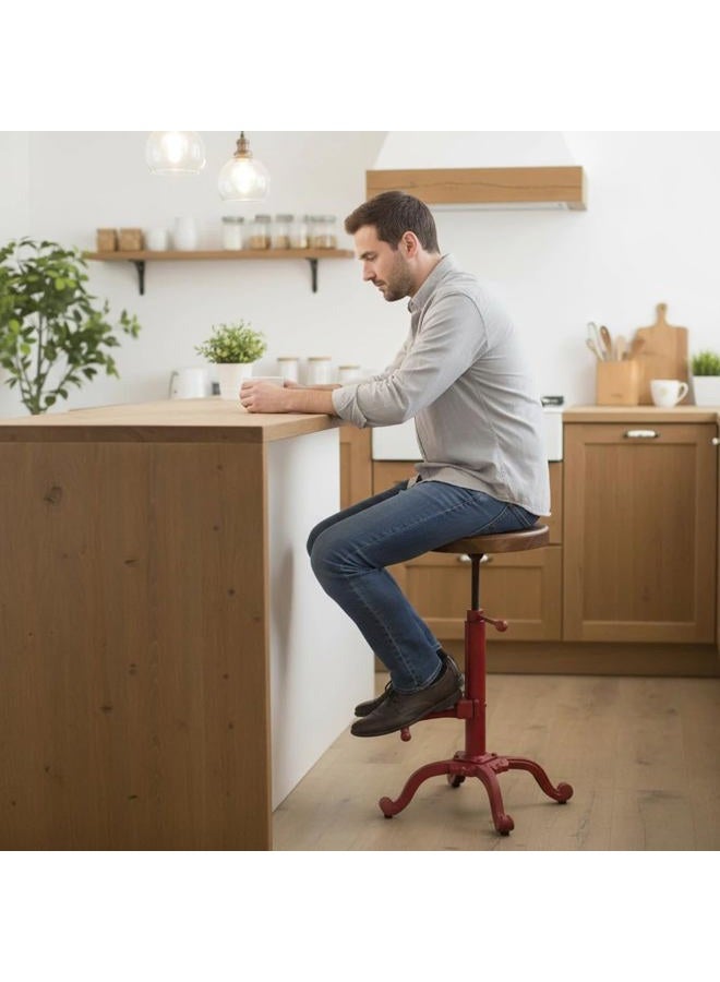Topower Industrial Retro Vintage Farm Wooden Tractor Stool Kitchen Swivel Height Adjustable bar Stool (Antique Red) - Image 5