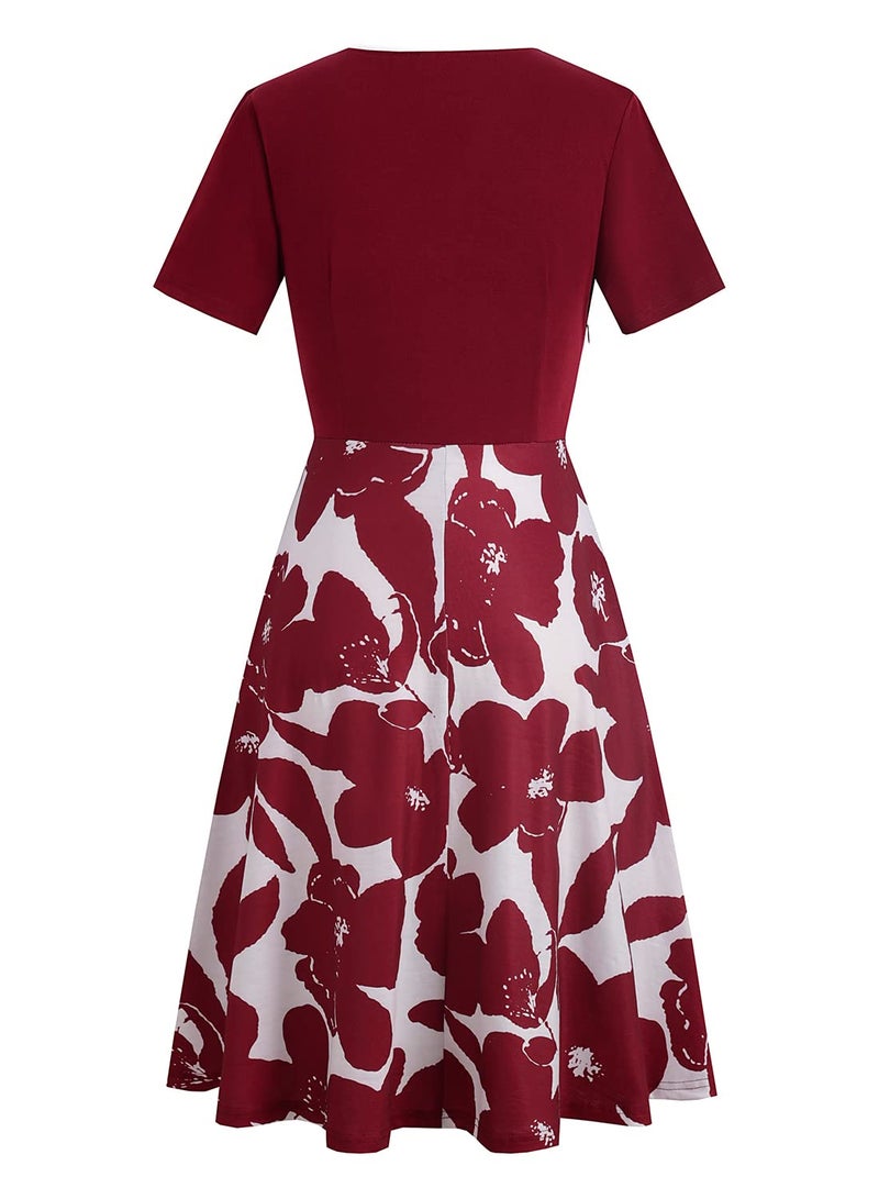 HELYO Women's Elegant Criss-Cross V Neck Vintage Short Sleeve Work Casual Fit and Flare Tea Dress with Pockets 980 (M, Burgundy-White) - Image 4