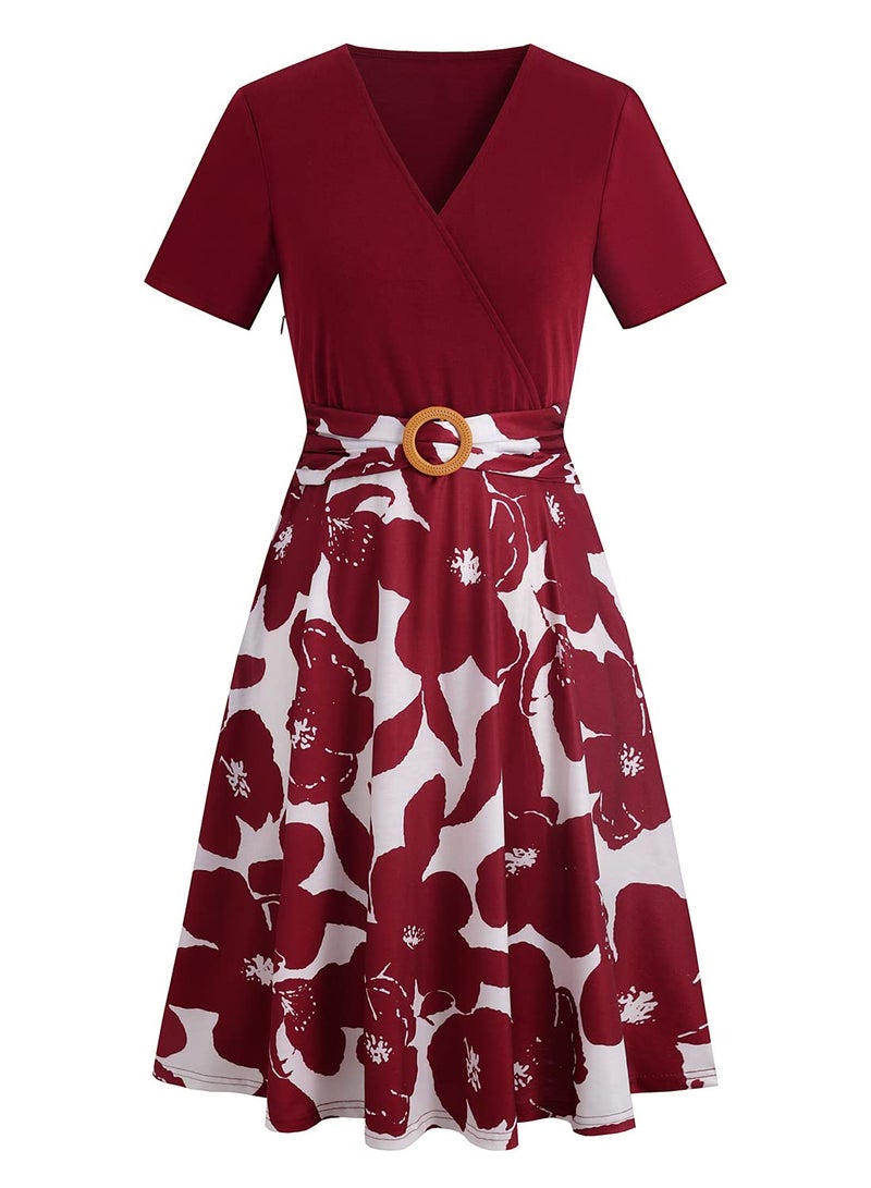 HELYO Women's Elegant Criss-Cross V Neck Vintage Short Sleeve Work Casual Fit and Flare Tea Dress with Pockets 980 (M, Burgundy-White) - Image 3
