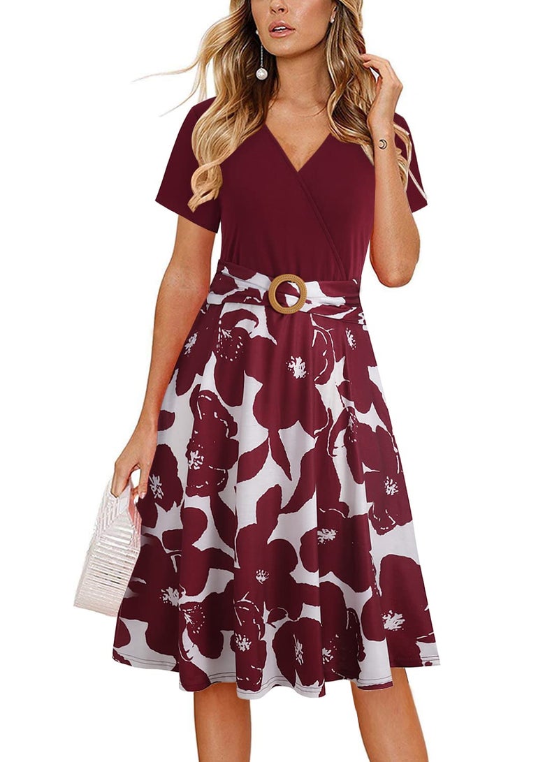HELYO Women's Elegant Criss-Cross V Neck Vintage Short Sleeve Work Casual Fit and Flare Tea Dress with Pockets 980 (M, Burgundy-White) - Image 1