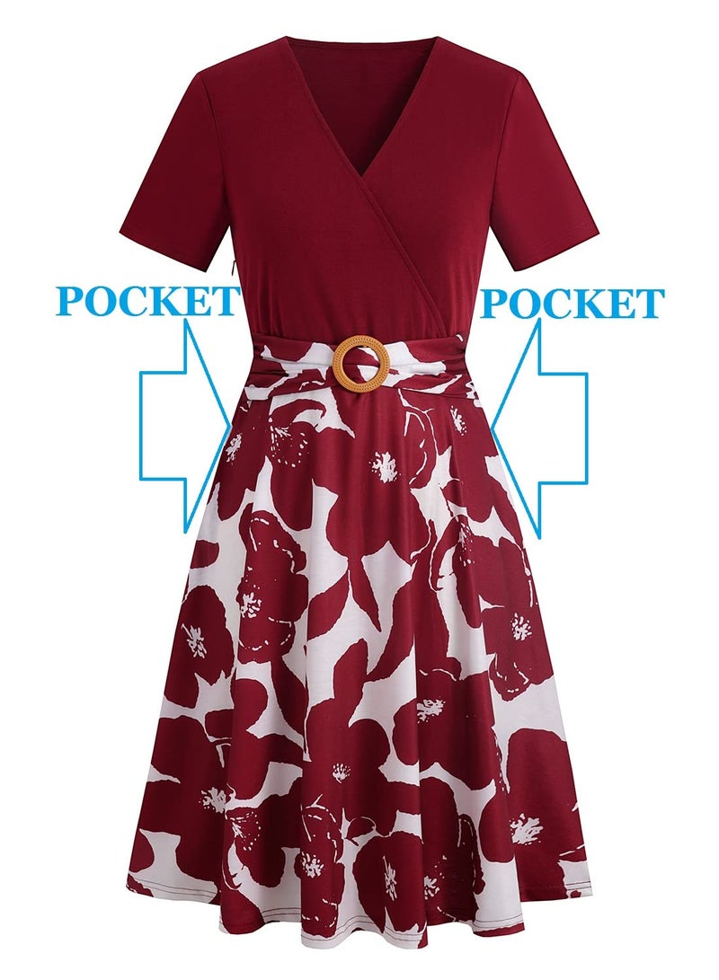 HELYO Women's Elegant Criss-Cross V Neck Vintage Short Sleeve Work Casual Fit and Flare Tea Dress with Pockets 980 (M, Burgundy-White) - Image 5