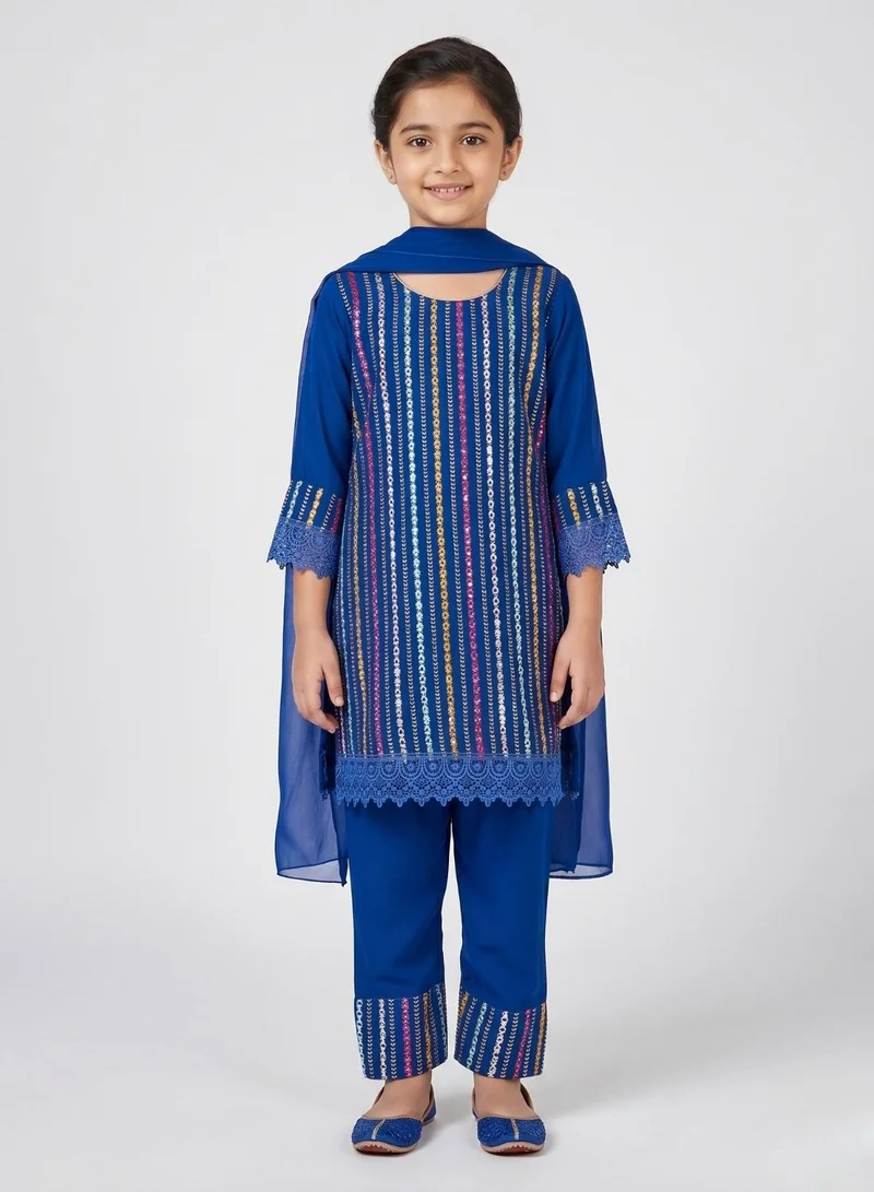 babyqlo Girls Blue Embellished Kurta Pant Set