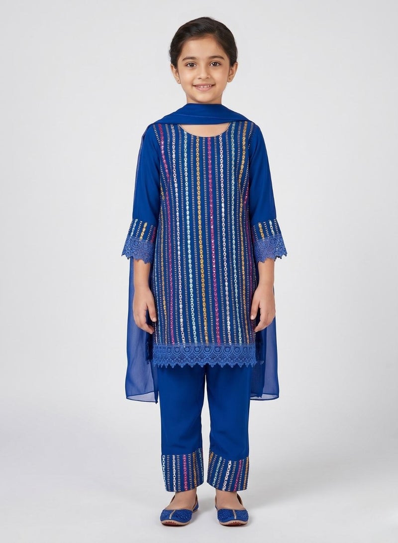 babyqlo Girls Blue Embellished Kurta Pant Set - Image 1