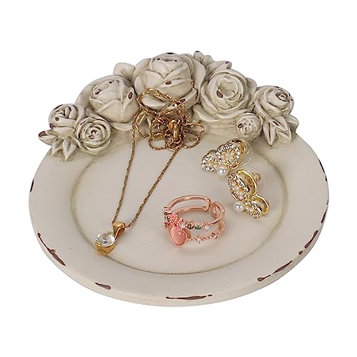 S-MANTIS Vintage Tray Antique Trinket Dish, Round Small, Rings Earrings Holder with Sophisticated 3D Floral Decoration, Mini Storage Organizer, Gift, Aesthetic Room Decor (Distressed White Flower) - Image 3