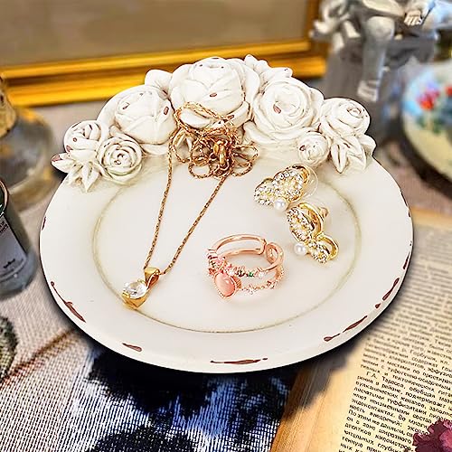 S-MANTIS Vintage Tray Antique Trinket Dish, Round Small, Rings Earrings Holder with Sophisticated 3D Floral Decoration, Mini Storage Organizer, Gift, Aesthetic Room Decor (Distressed White Flower) - Image 5