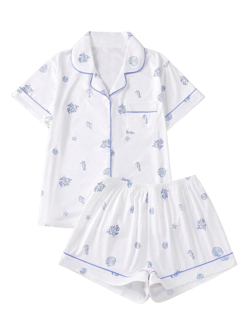 Floerns Women's Notch Collar Print Sleepwear Two Piece Pajama Set White Seahorse Medium - Image 1