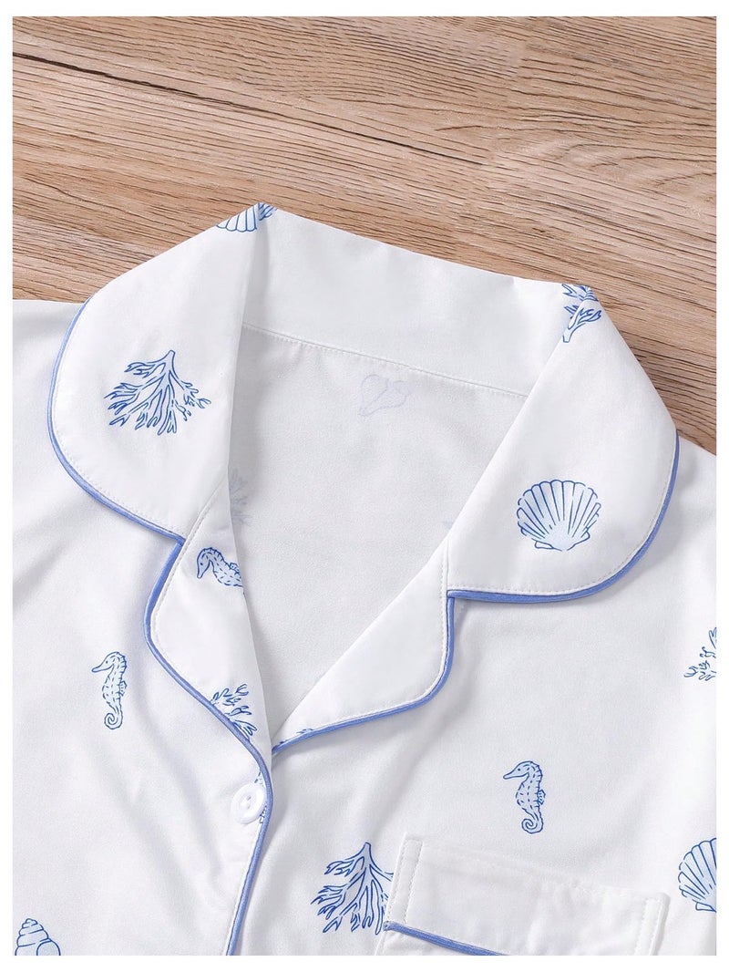 Floerns Women's Notch Collar Print Sleepwear Two Piece Pajama Set White Seahorse Medium - Image 5