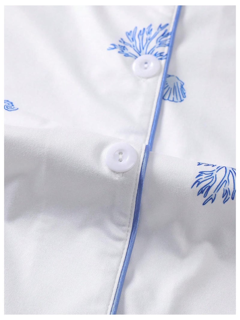 Floerns Women's Notch Collar Print Sleepwear Two Piece Pajama Set White Seahorse Medium - Image 4