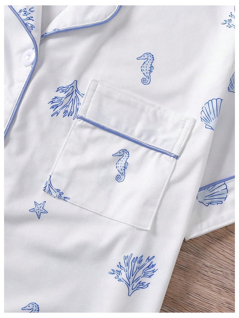 Floerns Women's Notch Collar Print Sleepwear Two Piece Pajama Set White Seahorse Medium - Image 2