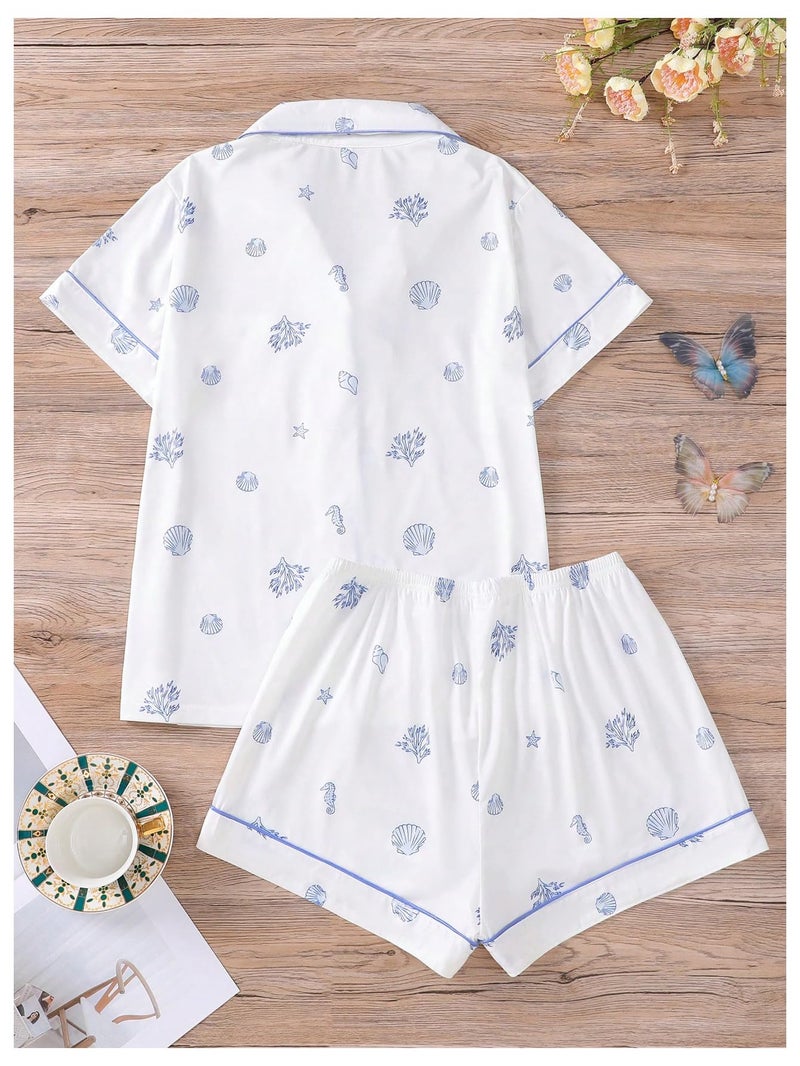 Floerns Women's Notch Collar Print Sleepwear Two Piece Pajama Set White Seahorse Medium - Image 3