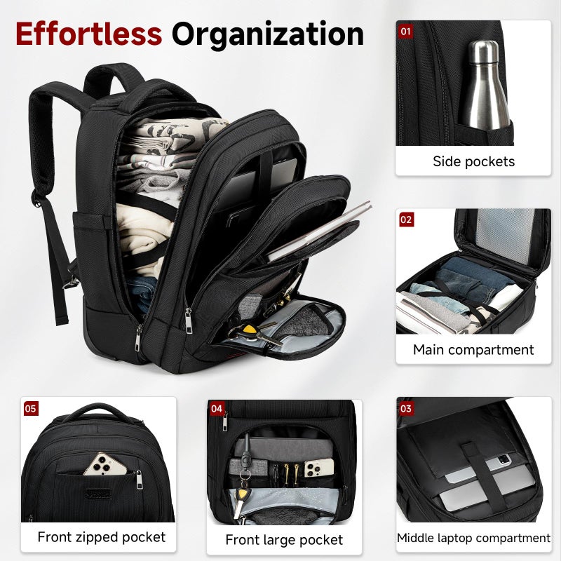 Vessgra Backpack for Men 45L Rolling Backpack, 17.3 Inch Travel Backpack, 4-Wheel Spinner Design Laptop Backpack for Men Work Business,Black (1Pc Black Backpack with 3 Packing Cubes) - Image 2