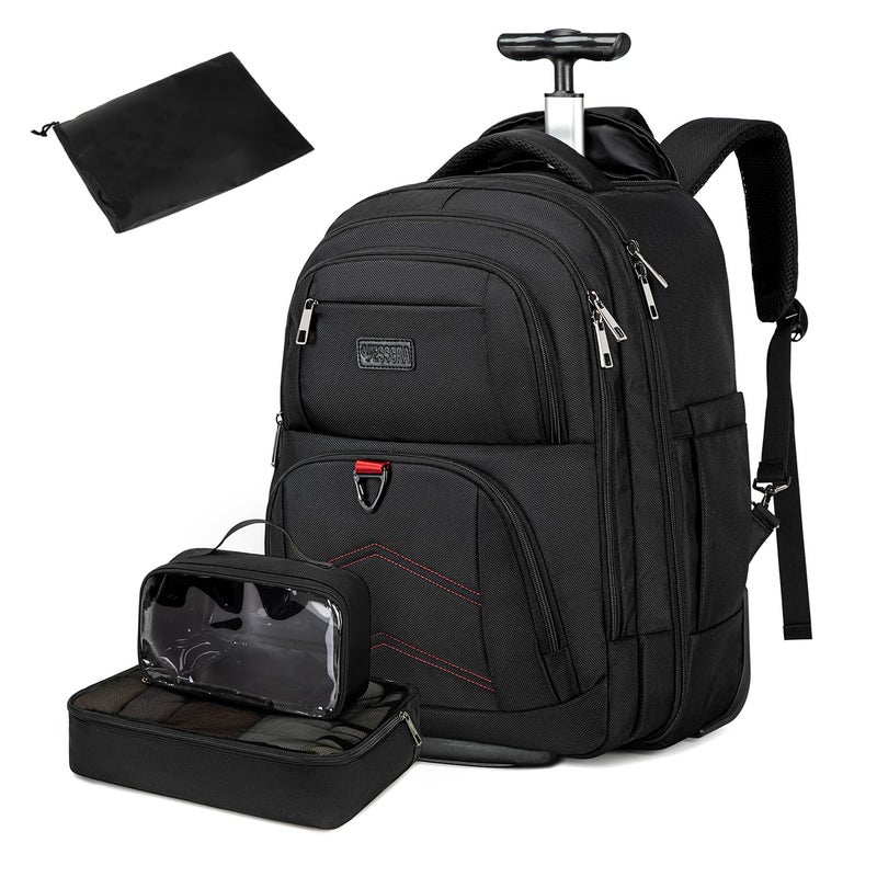 Vessgra Backpack for Men 45L Rolling Backpack, 17.3 Inch Travel Backpack, 4-Wheel Spinner Design Laptop Backpack for Men Work Business,Black (1Pc Black Backpack with 3 Packing Cubes) - Image 1