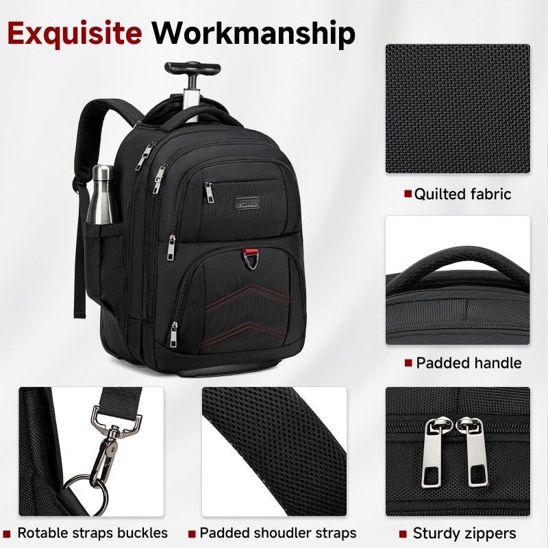 Vessgra Backpack for Men 45L Rolling Backpack, 17.3 Inch Travel Backpack, 4-Wheel Spinner Design Laptop Backpack for Men Work Business,Black (1Pc Black Backpack with 3 Packing Cubes) - Image 3