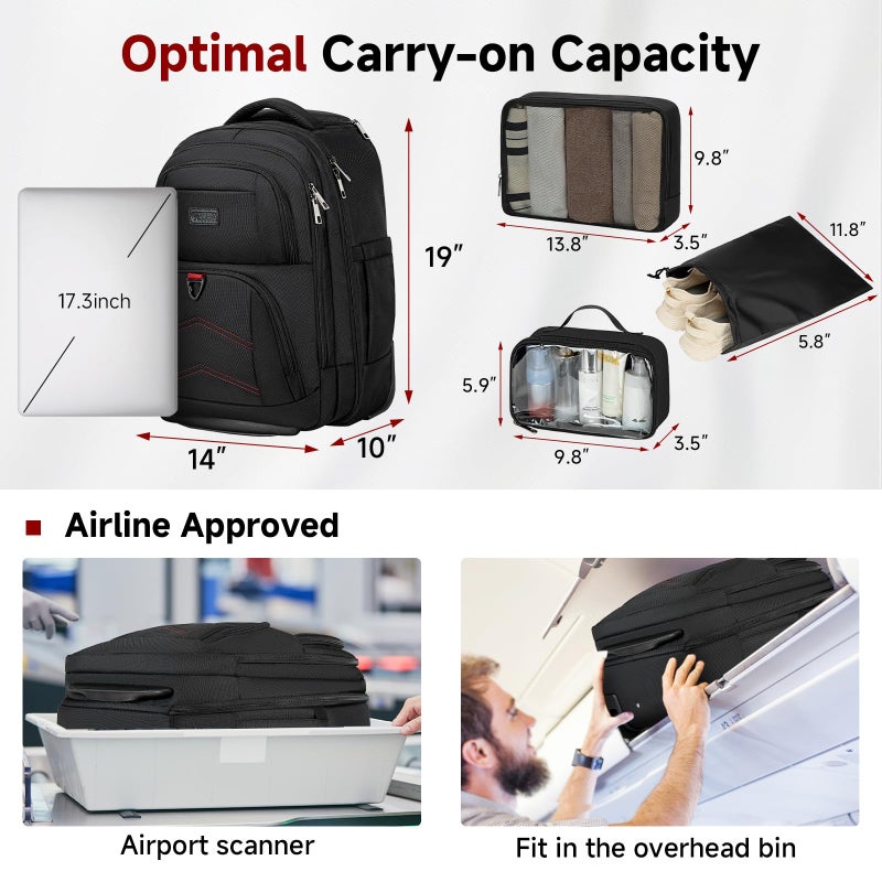 Vessgra Backpack for Men 45L Rolling Backpack, 17.3 Inch Travel Backpack, 4-Wheel Spinner Design Laptop Backpack for Men Work Business,Black (1Pc Black Backpack with 3 Packing Cubes) - Image 5