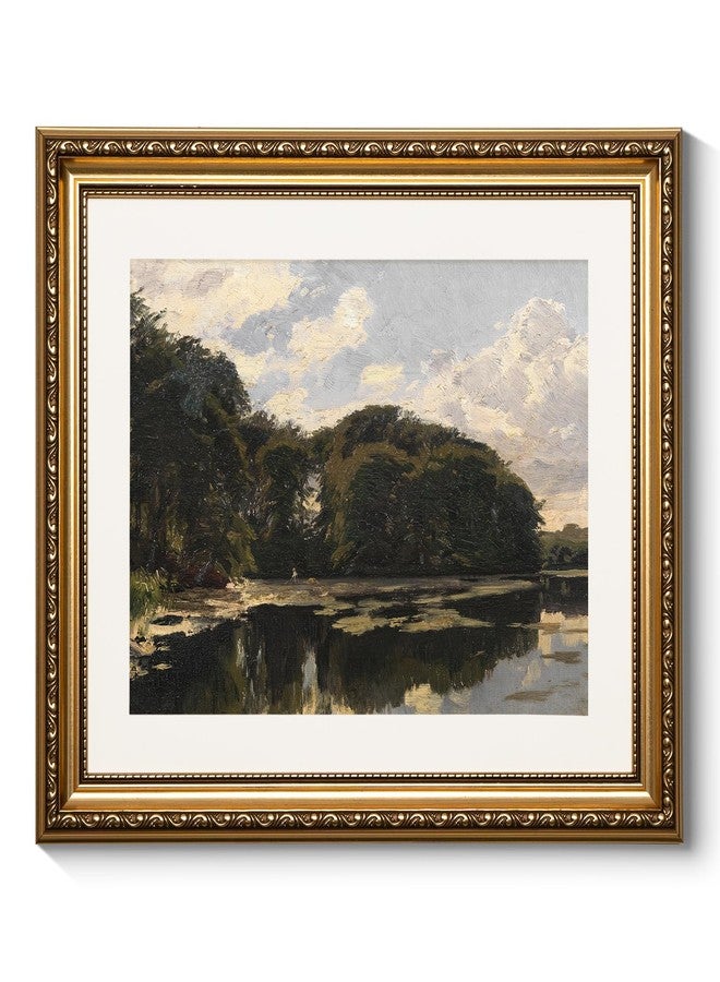 ARPEOTCY ديكور المناظر الطبيعية العتيق ARPEOTCY بإطار ذهبي، لوحات بركة صامتة لديكور غرفة المعيشة الريفية، مطبوعات قماشية لصور المناظر الطبيعية، إطار صورة عتيق لتزيين المنزل بأسلوب ريترو ريفي، 13x16 إنش - Image 1