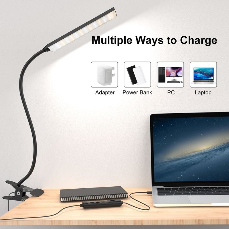 Vansuny Clip on Light LED Desk Lamp with Eye-Caring LED Light and Metal Clip, 11 Level Brightness 3 Color Modes, Power by USB Port 5W Adjustable Neck Reading Lamp for Home and Office (5W, Black) - Image 3