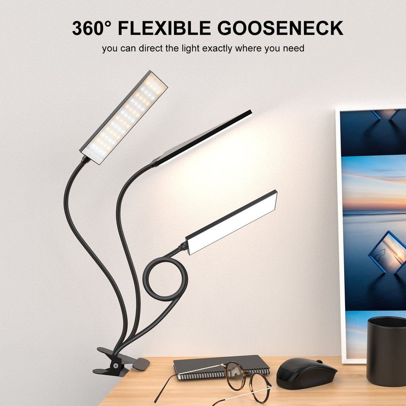 Vansuny Clip on Light LED Desk Lamp with Eye-Caring LED Light and Metal Clip, 11 Level Brightness 3 Color Modes, Power by USB Port 5W Adjustable Neck Reading Lamp for Home and Office (5W, Black) - Image 2