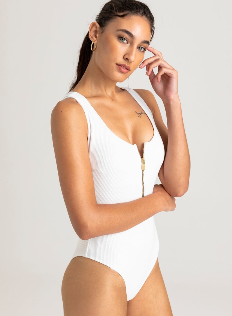 VULEVU Zip Detailed One Piece Swimsuit White - Image 3