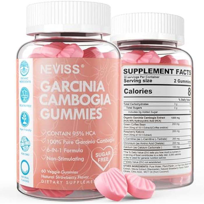 NEVISS Sugar Free Garcinia Cambogia Gummies 1000mg 95% HCA Pure Extract with L-Carnitine, Raspberry Ketone, Chromium, Green Coffee Bean for Metabolism, 100% Organic Extract, Vegan, Strawberry Flavor 60 Cts - Image 1