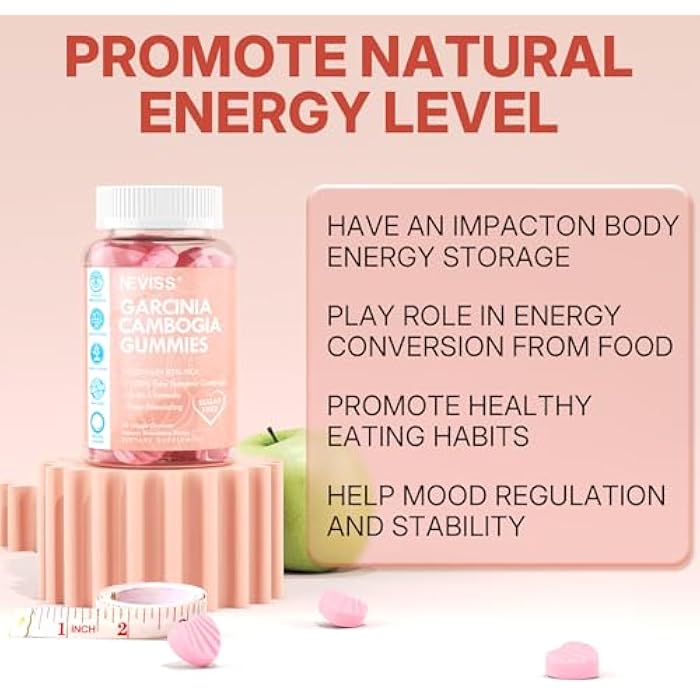 NEVISS Sugar Free Garcinia Cambogia Gummies 1000mg 95% HCA Pure Extract with L-Carnitine, Raspberry Ketone, Chromium, Green Coffee Bean for Metabolism, 100% Organic Extract, Vegan, Strawberry Flavor 60 Cts - Image 3